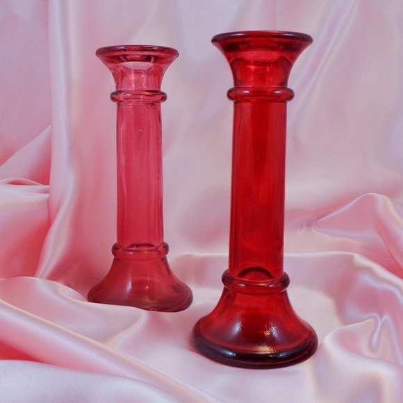 SOLD Two Red Indiana Glass Bud Vases/Candle Holders - Picture 1 of 5
